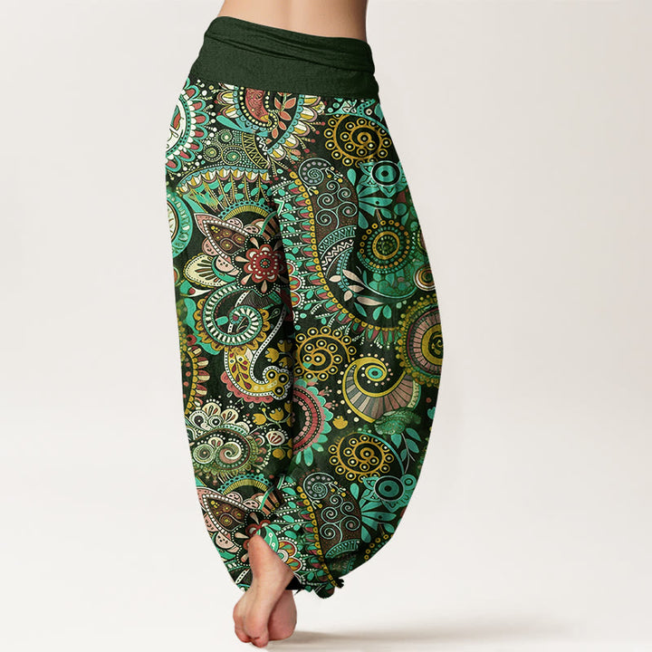 Buddha Stones Pantalones harén de algodón con estampado paisley tradicional para mujer, cintura elástica - image 6