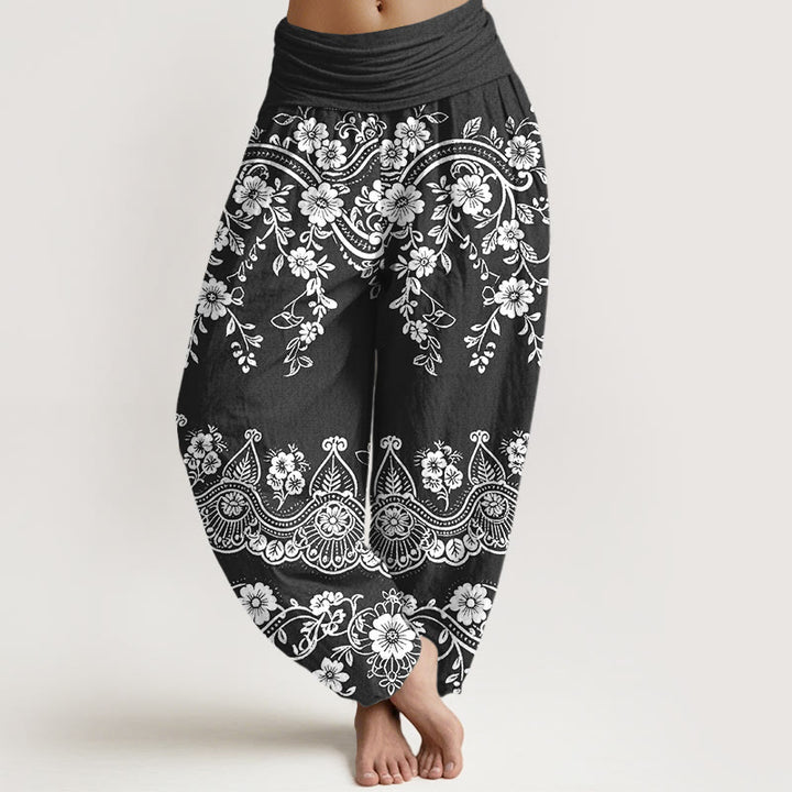 Buddha Stones Pantalones harén de algodón con estampado tradicional de flores y hojas de parra para mujer, cintura elástica - Negro - US16，UK/AU20，EU48 (3XL) - image 0