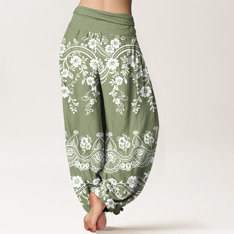 Buddha Stones Pantalones harén de algodón con estampado tradicional de flores y hojas de parra para mujer, cintura elástica - image 6