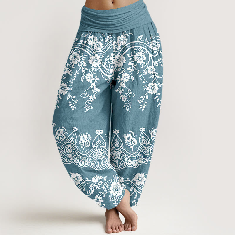 Buddha Stones Pantalones harén de algodón con estampado tradicional de flores y hojas de parra para mujer, cintura elástica - Celeste - US16，UK/AU20，EU48 (3XL) - image 8