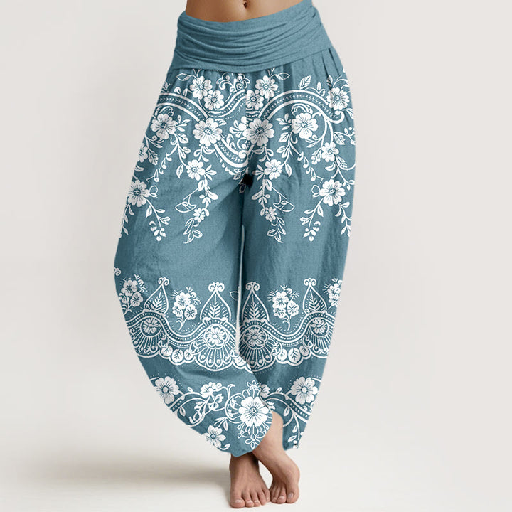 Buddha Stones Pantalones harén de algodón con estampado tradicional de flores y hojas de parra para mujer, cintura elástica - Celeste - US16，UK/AU20，EU48 (3XL) - image 8