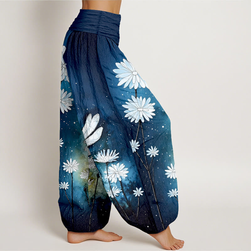 Buddha Stones Pantalones harén de algodón con estampado de libélula y margaritas de ensueño para mujer con cintura elástica - image 2