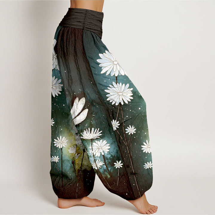Buddha Stones Pantalones harén de algodón con estampado de libélula y margaritas de ensueño para mujer con cintura elástica - image 7