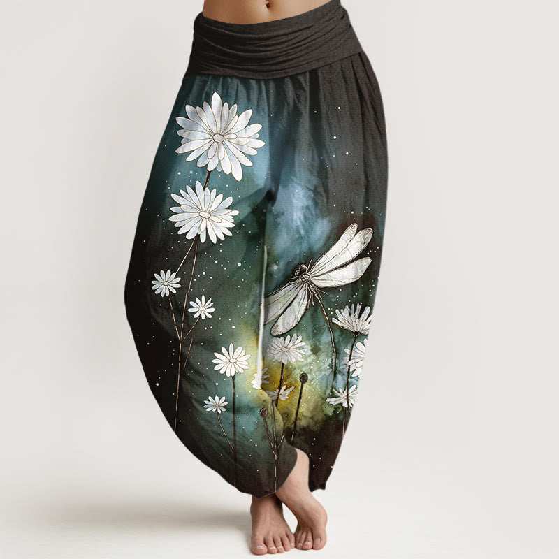 Buddha Stones Pantalones harén de algodón con estampado de libélula y margaritas de ensueño para mujer con cintura elástica - Negro - US16，UK/AU20，EU48 (3XL) - image 5
