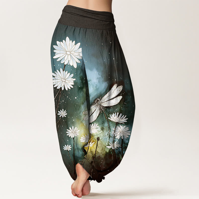 Buddha Stones Pantalones harén de algodón con estampado de libélula y margaritas de ensueño para mujer con cintura elástica - image 6