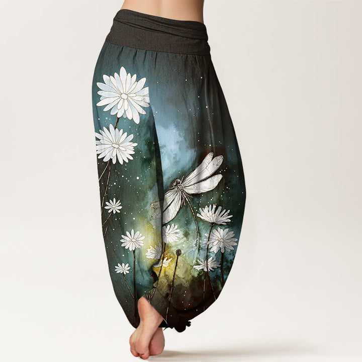 Buddha Stones Pantalones harén de algodón con estampado de libélula y margaritas de ensueño para mujer con cintura elástica - image 6