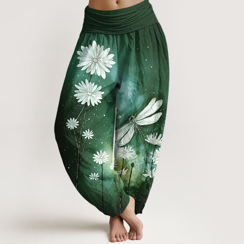 Buddha Stones Pantalones harén de algodón con estampado de libélula y margaritas de ensueño para mujer con cintura elástica - Verde oscuro - US16，UK/AU20，EU48 (3XL) - image 8