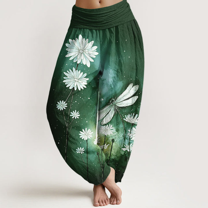 Buddha Stones Pantalones harén de algodón con estampado de libélula y margaritas de ensueño para mujer con cintura elástica - Verde oscuro - US16，UK/AU20，EU48 (3XL) - image 8