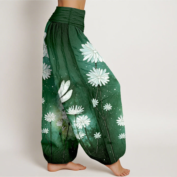 Buddha Stones Pantalones harén de algodón con estampado de libélula y margaritas de ensueño para mujer con cintura elástica - image 10