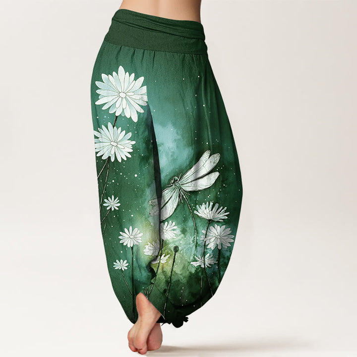 Buddha Stones Pantalones harén de algodón con estampado de libélula y margaritas de ensueño para mujer con cintura elástica - image 9