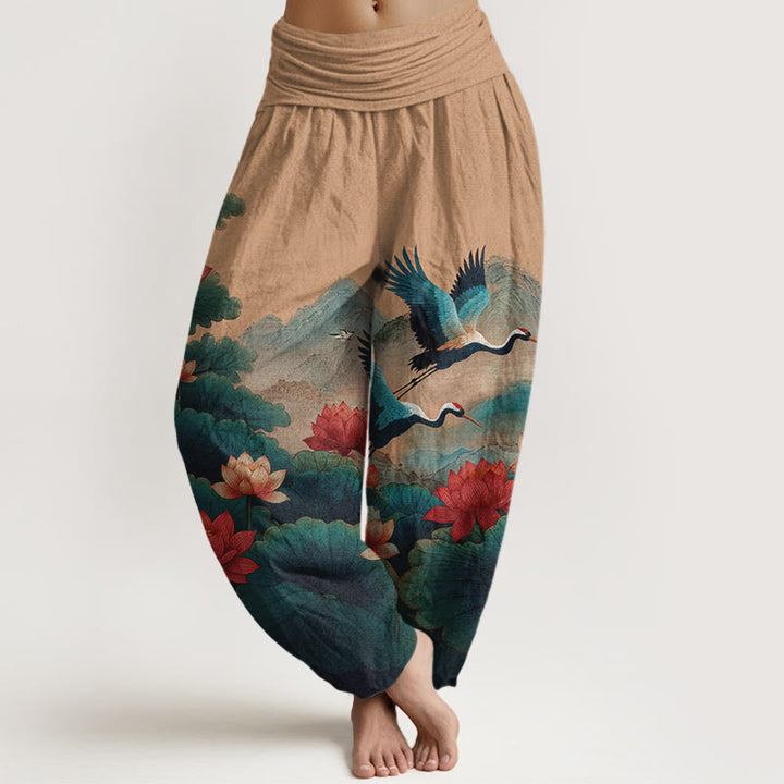 Buddha Stones Pantalones harén de algodón con estampado clásico de flor de loto, hoja, grulla y montaña para mujer, cintura elástica - Sandy Brown - US16，UK/AU20，EU48 (3XL) - image 8
