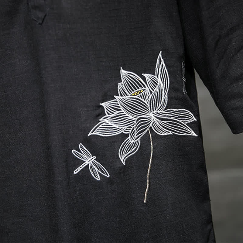 Buddha Stones Camiseta de manga corta para hombre con estampado de libélula de loto bordada de verano y botones de rana china - image 8