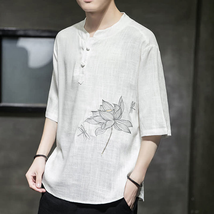 Buddha Stones Camiseta de manga corta para hombre con estampado de libélula de loto bordada de verano y botones de rana china - image 11