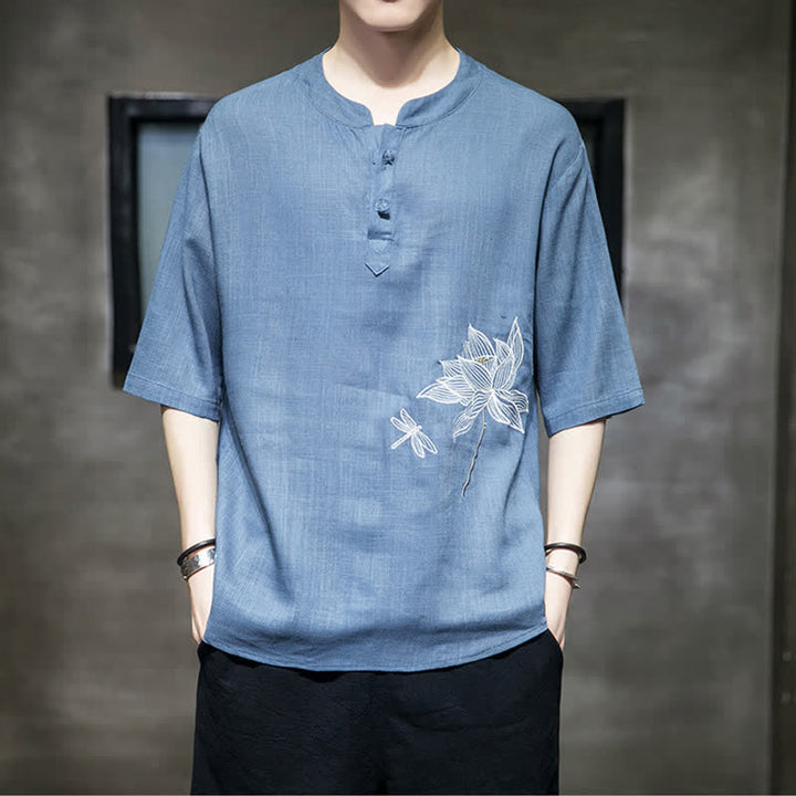 Buddha Stones Camiseta de manga corta para hombre con estampado de libélula de loto bordada de verano y botones de rana china - image 21