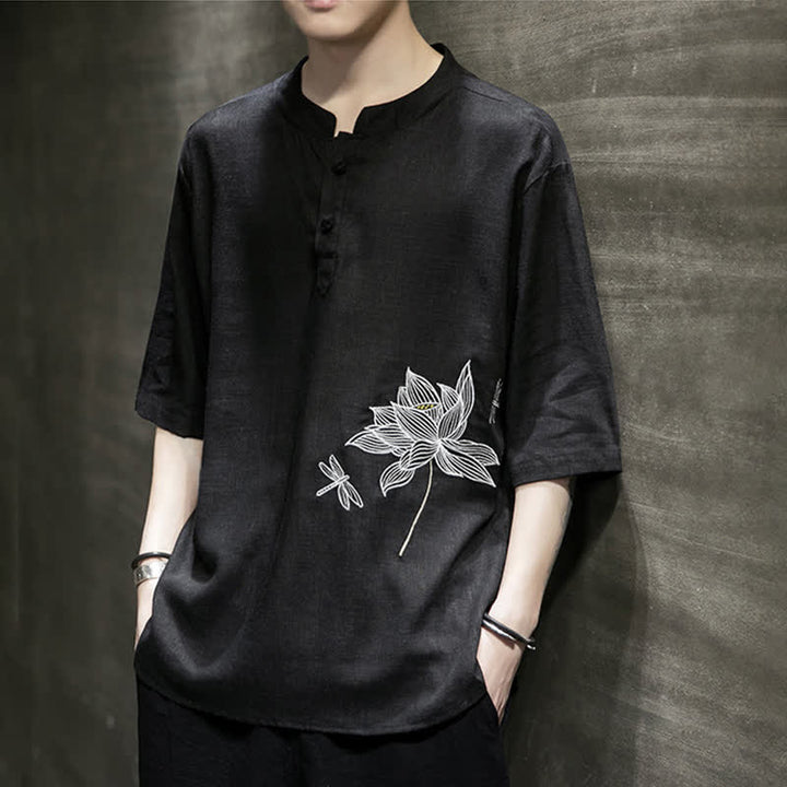 Buddha Stones Camiseta de manga corta para hombre con estampado de libélula de loto bordada de verano y botones de rana china - image 5