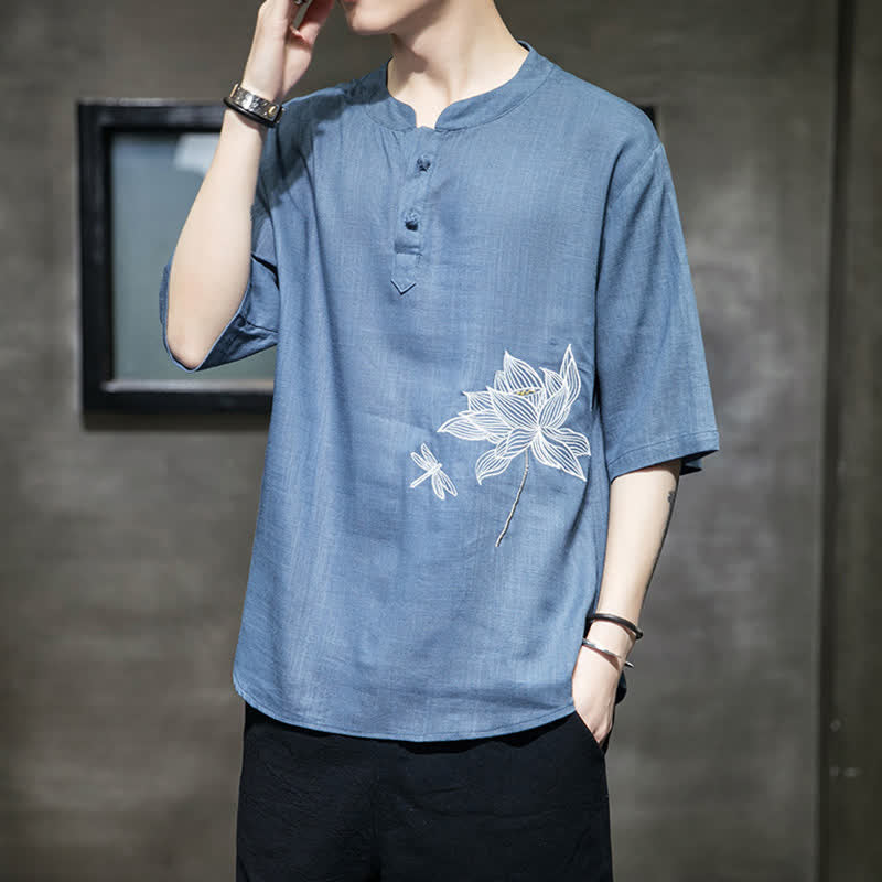 Buddha Stones Camiseta de manga corta para hombre con estampado de libélula de loto bordada de verano y botones de rana china - Azul aciano - US/UK/AU46, EU56 (5XL) - image 18