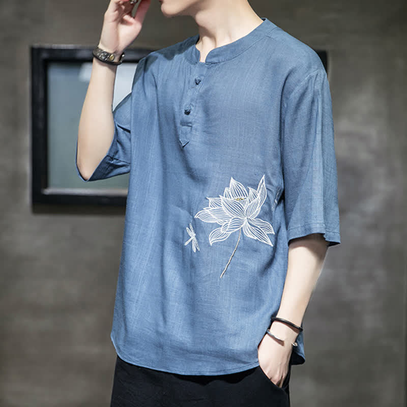 Buddha Stones Camiseta de manga corta para hombre con estampado de libélula de loto bordada de verano y botones de rana china - image 19