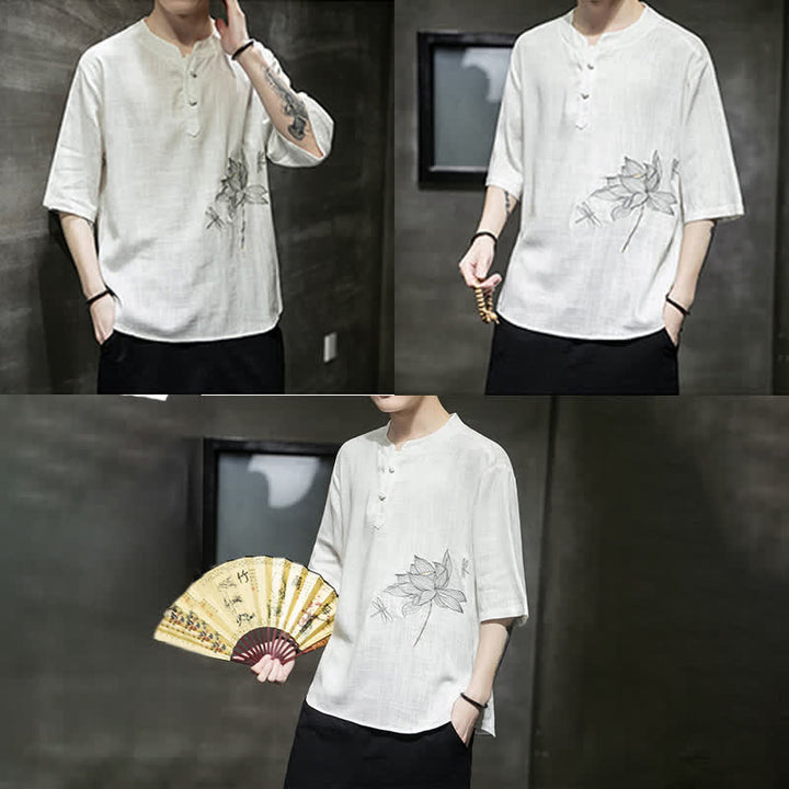 Buddha Stones Camiseta de manga corta para hombre con estampado de libélula de loto bordada de verano y botones de rana china - image 17