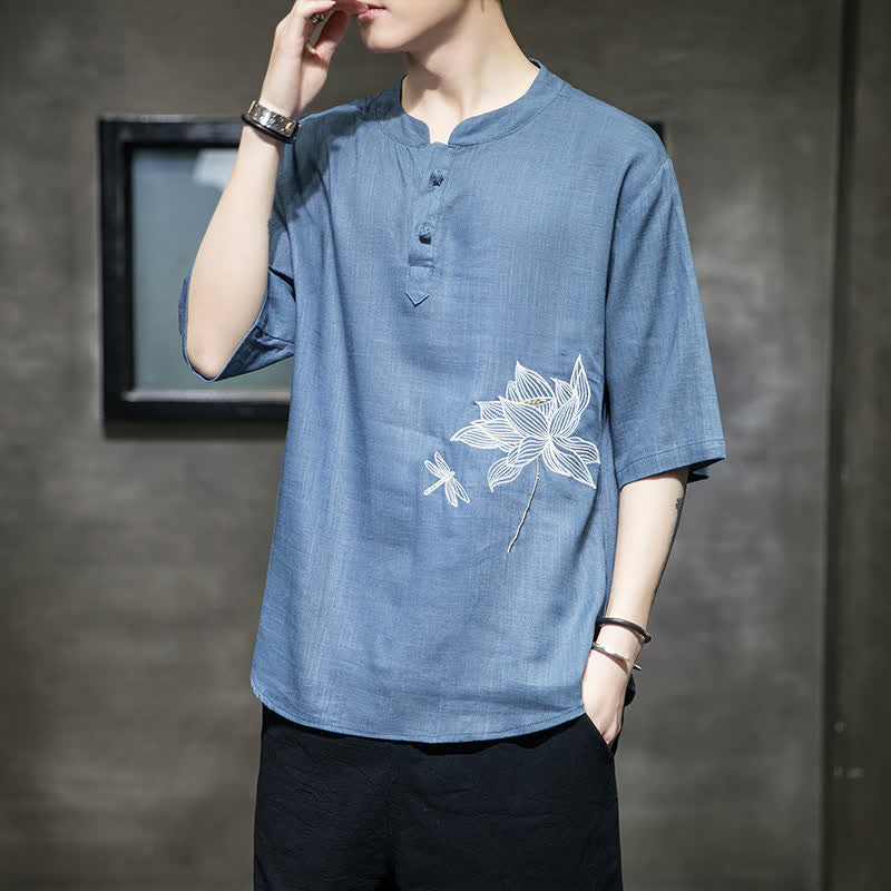 Buddha Stones Camiseta de manga corta para hombre con estampado de libélula de loto bordada de verano y botones de rana china - image 20