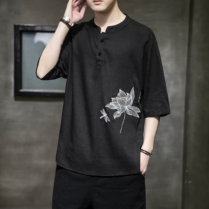 Buddha Stones Camiseta de manga corta para hombre con estampado de libélula de loto bordada de verano y botones de rana china - image 1