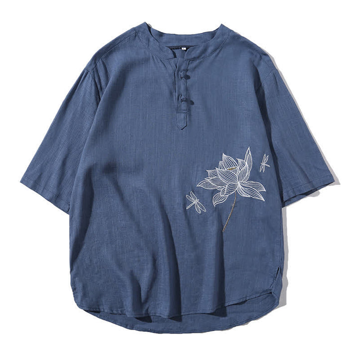 Buddha Stones Camiseta de manga corta para hombre con estampado de libélula de loto bordada de verano y botones de rana china - image 26