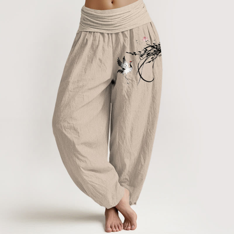 Buddha Stones Pantalones harén de algodón puro con cintura elástica para mujer, diseño minimalista, con estampado de hojas y ramas de loto y grulla - Broncearse - US16，UK/AU20，EU48 (3XL) - image 0