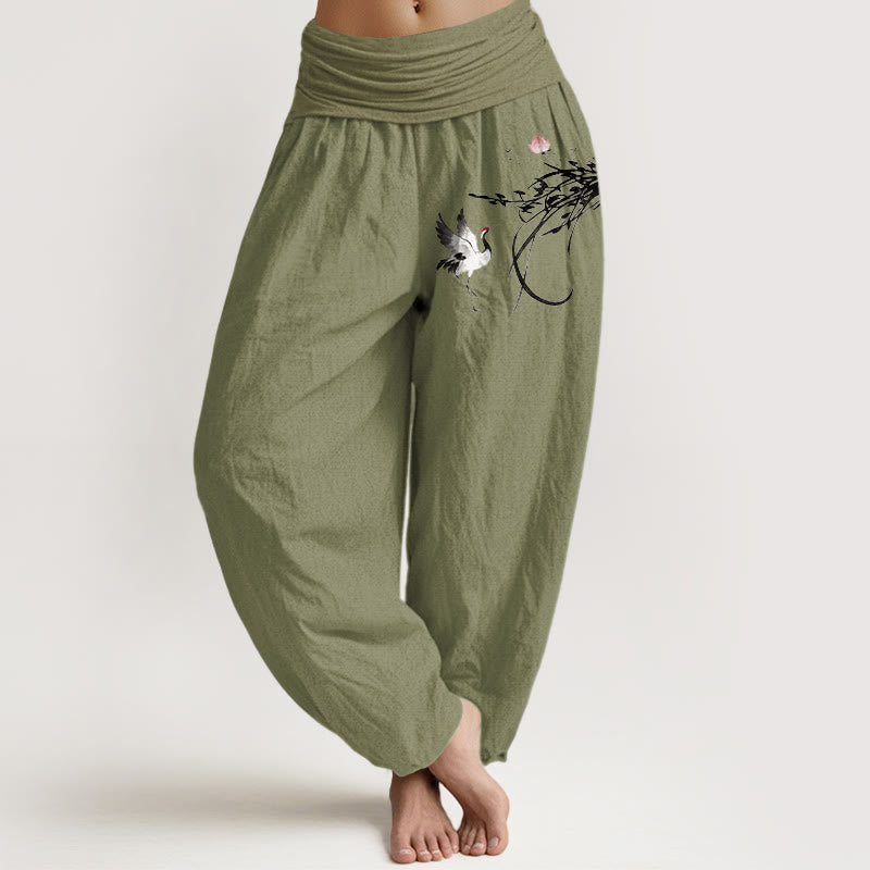 Buddha Stones Pantalones harén de algodón puro con cintura elástica para mujer, diseño minimalista, con estampado de hojas y ramas de loto y grulla - Verde oliva - US16，UK/AU20，EU48 (3XL) - image 14