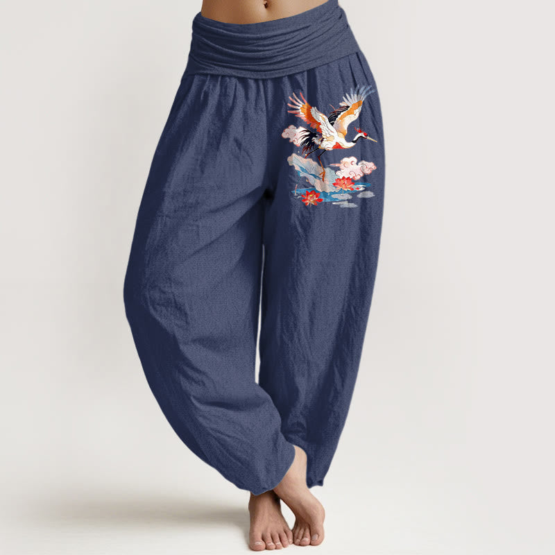 Buddha Stones Pantalones harén de algodón puro con estampado de hojas de loto, flores y nubes para mujer, cintura elástica - Azul pizarra oscuro - US16，UK/AU20，EU48 (3XL) - image 5