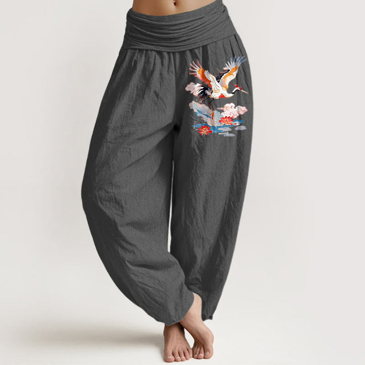 Buddha Stones Pantalones harén de algodón puro con estampado de hojas de loto, flores y nubes para mujer, cintura elástica - Gris oscuro - US16，UK/AU20，EU48 (3XL) - image 8