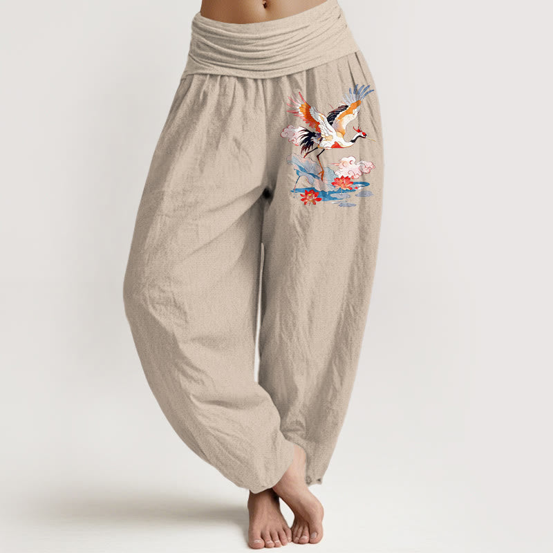 Buddha Stones Pantalones harén de algodón puro con estampado de hojas de loto, flores y nubes para mujer, cintura elástica - Broncearse - US16，UK/AU20，EU48 (3XL) - image 11
