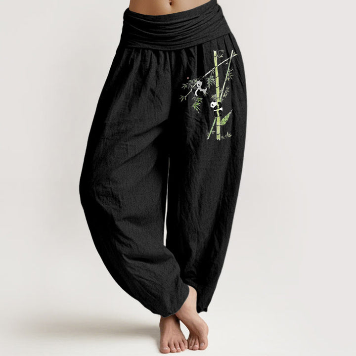 Buddha Stones Pantalones harén de algodón puro con cintura elástica y estampado de panda y bambú para mujer. - Negro - US16，UK/AU20，EU48 (3XL) - image 0