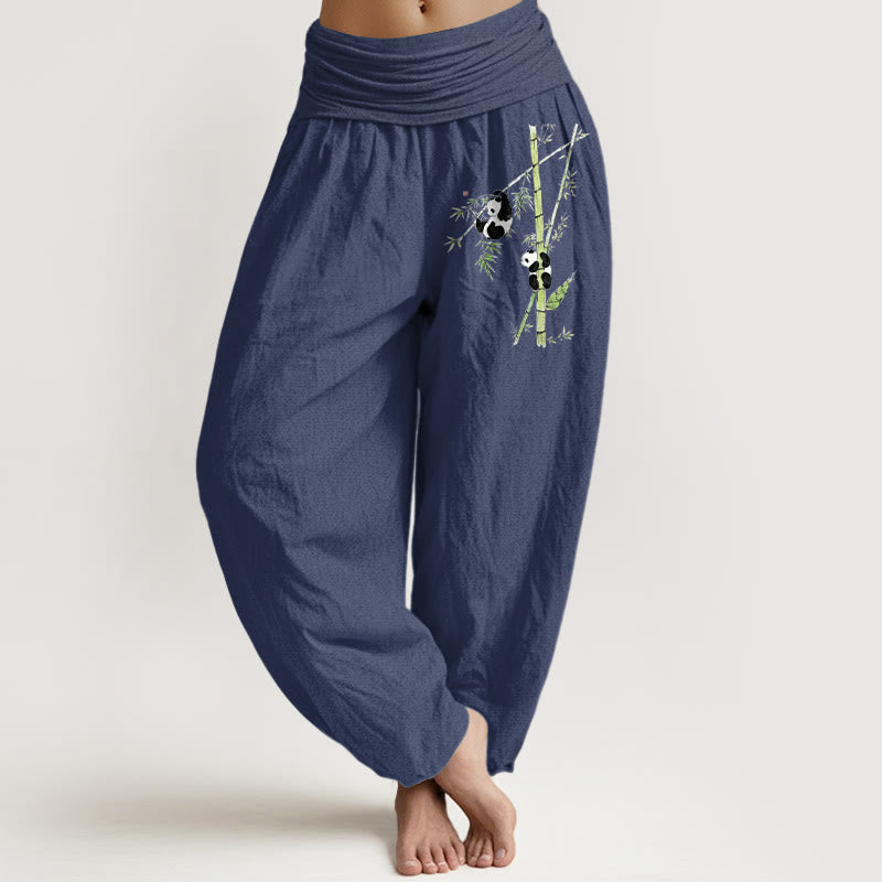 Buddha Stones Pantalones harén de algodón puro con cintura elástica y estampado de panda y bambú para mujer. - Azul pizarra oscuro - US16，UK/AU20，EU48 (3XL) - image 5