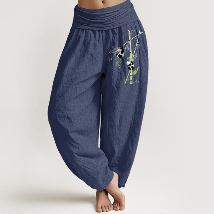 Buddha Stones Pantalones harén de algodón puro con cintura elástica y estampado de panda y bambú para mujer. - Azul pizarra oscuro - US16，UK/AU20，EU48 (3XL) - image 5