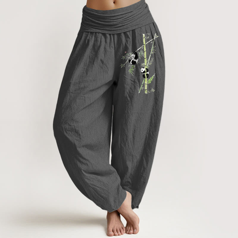 Buddha Stones Pantalones harén de algodón puro con cintura elástica y estampado de panda y bambú para mujer. - Gris oscuro - US16，UK/AU20，EU48 (3XL) - image 8