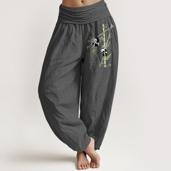 Buddha Stones Pantalones harén de algodón puro con cintura elástica y estampado de panda y bambú para mujer. - Gris oscuro - US16，UK/AU20，EU48 (3XL) - image 8