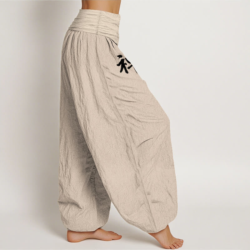 Buddha Stones Pantalones harén de algodón puro, estilo sencillo, con estampado de caracteres chinos de pino solar, cintura elástica para mujer - image 2