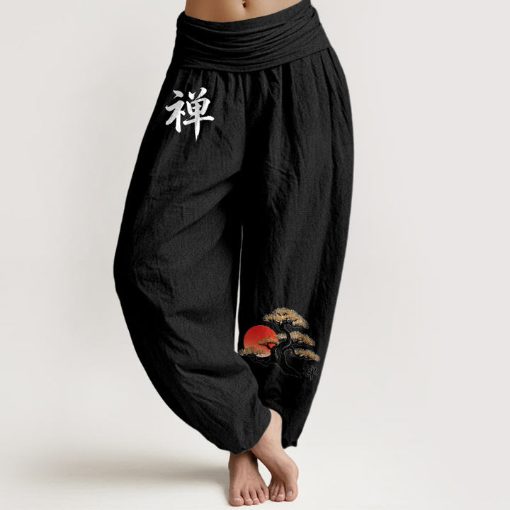 Buddha Stones Pantalones harén de algodón puro, estilo sencillo, con estampado de caracteres chinos de pino solar, cintura elástica para mujer - Negro - US16，UK/AU20，EU48 (3XL) - image 5