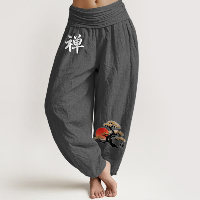 Buddha Stones Pantalones harén de algodón puro, estilo sencillo, con estampado de caracteres chinos de pino solar, cintura elástica para mujer - Gris oscuro - US16，UK/AU20，EU48 (3XL) - image 11