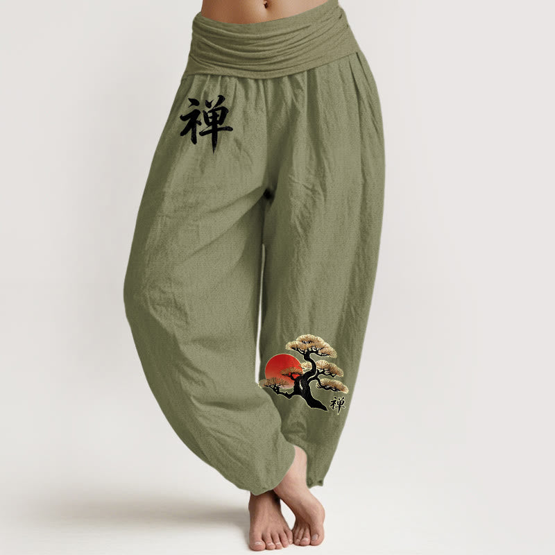 Buddha Stones Pantalones harén de algodón puro, estilo sencillo, con estampado de caracteres chinos de pino solar, cintura elástica para mujer - Verde oliva - US16，UK/AU20，EU48 (3XL) - image 14