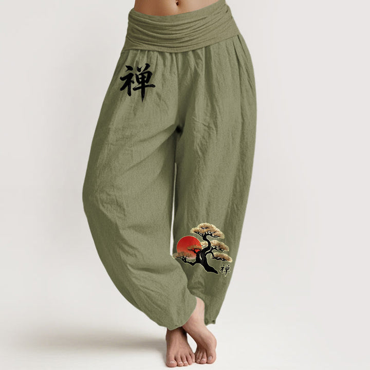 Buddha Stones Pantalones harén de algodón puro, estilo sencillo, con estampado de caracteres chinos de pino solar, cintura elástica para mujer - Verde oliva - US16，UK/AU20，EU48 (3XL) - image 14
