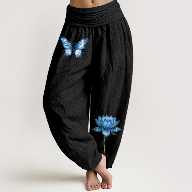 Buddha Stones Pantalones harén de algodón puro con estampado de mariposas de ensueño y loto para mujer, cintura elástica - Negro - US16，UK/AU20，EU48 (3XL) - image 0