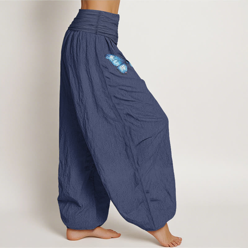 Buddha Stones Pantalones harén de algodón puro con estampado de mariposas de ensueño y loto para mujer, cintura elástica - image 7
