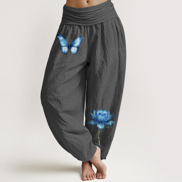 Buddha Stones Pantalones harén de algodón puro con estampado de mariposas de ensueño y loto para mujer, cintura elástica - Gris oscuro - US16，UK/AU20，EU48 (3XL) - image 8