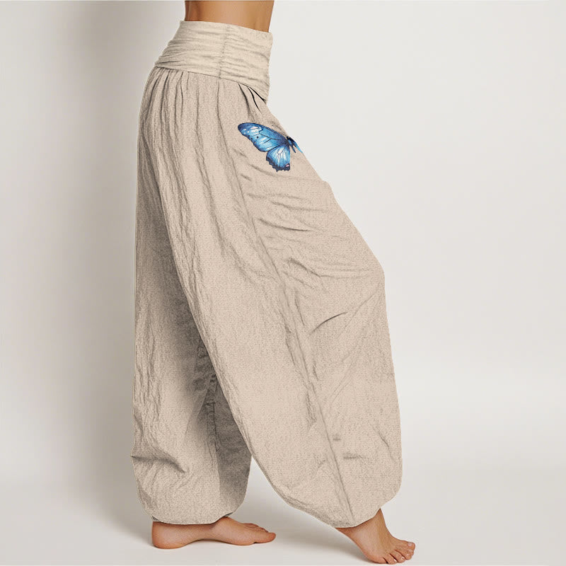 Buddha Stones Pantalones harén de algodón puro con estampado de mariposas de ensueño y loto para mujer, cintura elástica - image 13