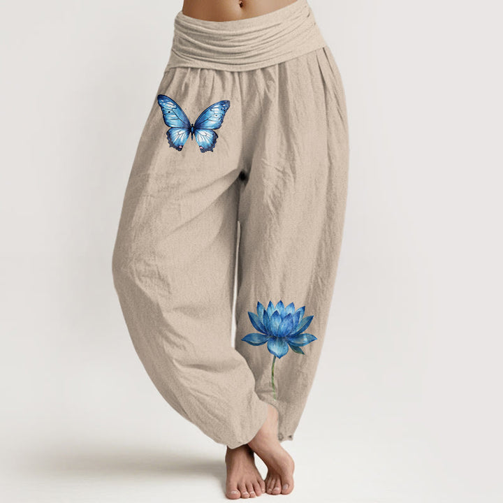 Buddha Stones Pantalones harén de algodón puro con estampado de mariposas de ensueño y loto para mujer, cintura elástica - Broncearse - US16，UK/AU20，EU48 (3XL) - image 11