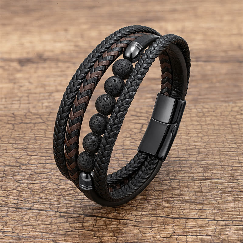 Pulsera de cuero con Buddha Stones, ojo de tigre, roca de lava, ónix negro, lazurita, lapislázuli y hematita. - Roca de lava - 18-22 cm - image 3