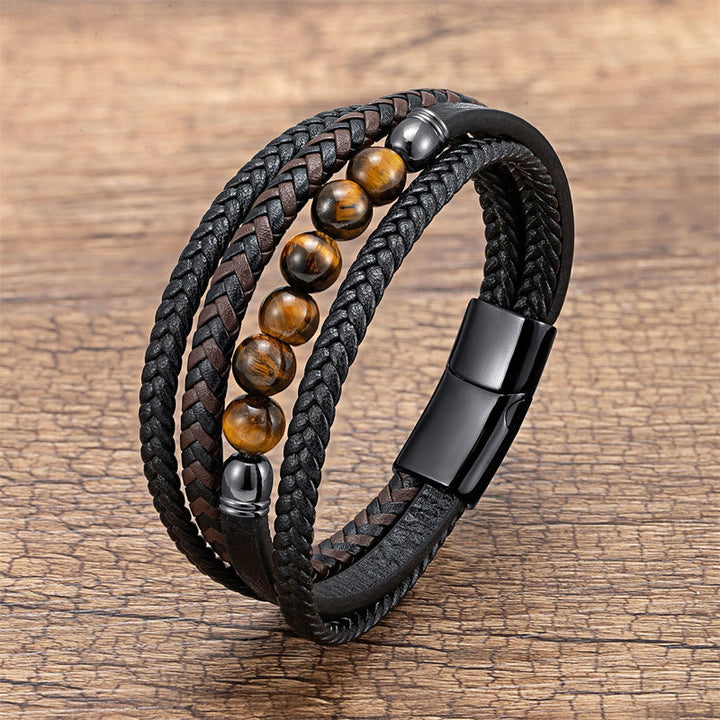 Pulsera de cuero con Buddha Stones, ojo de tigre, roca de lava, ónix negro, lazurita, lapislázuli y hematita. - Ojo de tigre - 18-22 cm - image 14