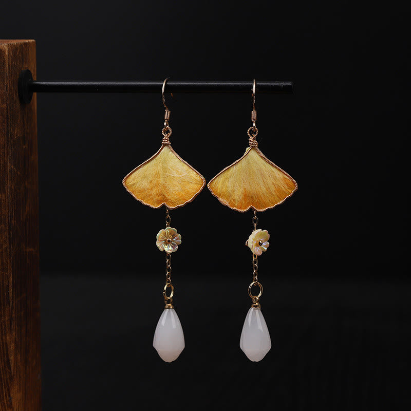 Buddha Stones Pendientes colgantes de la buena fortuna con gancho de cobre y hoja de ginkgo amarillo, hechos a mano y de seda - image 11