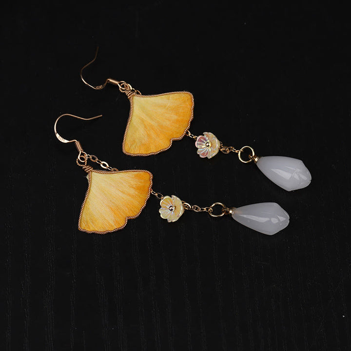 Buddha Stones Pendientes colgantes de la buena fortuna con gancho de cobre y hoja de ginkgo amarillo, hechos a mano y de seda - image 10