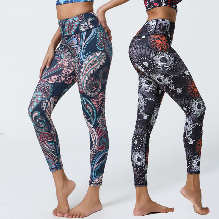 Buddha Stones flores plumas sol luna impresión deportes fitness yoga cintura alta polainas pantalones de mujer - image 0